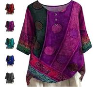 Valarie - Colourful Bohemian Top, Trendy 1/2 Sleeve Crew Neck Button Down Tops Plus Size Floral Print Casual Loose Blouses (Purple,4XL)