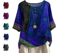 Valarie - Colourful Bohemian Top, Trendy 1/2 Sleeve Crew Neck Button Down Tops Plus Size Floral Print Casual Loose Blouses (Blue,3XL)