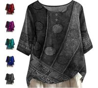 Valarie - Colourful Bohemian Top, Trendy 1/2 Sleeve Crew Neck Button Down Tops Plus Size Floral Print Casual Loose Blouses (Gray,4XL)