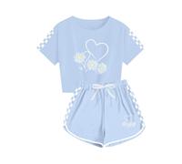 Valcatch Girls 2 Piece Summer Outfit Kids Tracksuit Short Sleeve T Shirt Crop Top and Plaid Shorts Set Soft Pyjamas Breathable Loungewear Comfy Gym Activewear Casual School Clothes Sets 5-13T Blue