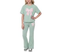 Valcatch Girls Clothes Tracksuits Set 2 Piece 8-12 Years | Activewear Tshirt and Flared Leggings Featuring Cute Heart Bow Print on Breathable Soft Fabric for School Gym Street Dance