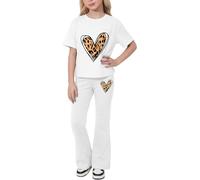 Valcatch Girls Clothes Tracksuits Set 2 Piece 8-12 Years | Activewear Tshirt and Flared Leggings Featuring Cute Heart Bow Print on Breathable Soft Fabric for School Gym Street Dance