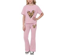 Valcatch Girls Clothes Tracksuits Set 2 Piece 8-12 Years | Activewear Tshirt and Flared Leggings Featuring Cute Heart Bow Print on Breathable Soft Fabric for School Gym Street Dance