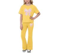 Valcatch Girls Clothes Tracksuits Set 2 Piece 8-12 Years | Activewear Tshirt and Flared Leggings Featuring Cute Heart Bow Print on Breathable Soft Fabric for School Gym Street Dance