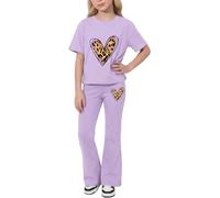 Valcatch Girls Clothes Tracksuits Set 2 Piece 8-12 Years | Activewear Tshirt and Flared Leggings Featuring Cute Heart Bow Print on Breathable Soft Fabric for School Gym Street Dance