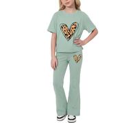 Valcatch Girls Clothes Tracksuits Set 2 Piece 8-12 Years | Activewear Tshirt and Flared Leggings Featuring Cute Heart Bow Print on Breathable Soft Fabric for School Gym Street Dance