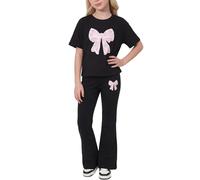 Valcatch Girls Clothes Tracksuits Set 2 Piece 8-12 Years | Activewear Tshirt and Flared Leggings Featuring Cute Heart Bow Print on Breathable Soft Fabric for School Gym Street Dance