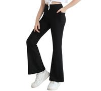 Valcatch Girls Flare Leggings Ribbed Yoga Dance Pants with Pockets High Waist Bell Bottom Trousers Kids Teens Wide Leg Pants Athletic Tights for Casual and Activewear Black, 9-10 Years