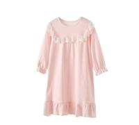 Valcatch Girls Princess Nighties, Toddler Kids Long Sleeve Cotton Night Dress with White Laces, Youth Tween Girls Nightwear Sleepwear Solid Color, Knee Length Nightgown Nightshirts for 3-13 Years
