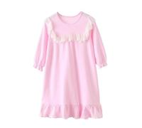 Valcatch Girls Princess Nighties, Toddler Kids Long Sleeve Cotton Night Dress with White Laces, Youth Tween Girls Nightwear Sleepwear Solid Color, Knee Length Nightgown Nightshirts for 3-13 Years