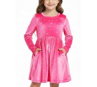 Valcatch Girls Velvet Dress with Pockets Long Sleeve Sparkly Star Pattern Swing Dresses Christmas Halloween Outfits for Casual Birthday Princess Party for Toddler Kids 2 3 4 5 6 7 Years Pink