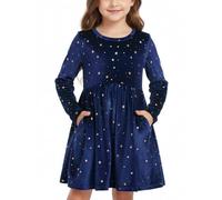 Valcatch Girls Velvet Dress with Pockets Long Sleeve Sparkly Star Pattern Swing Dresses Christmas Halloween Outfits for Casual Birthday Princess Party for Toddler Kids 2 3 4 5 6 7 Years Blue