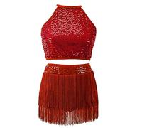 Valcatch Girls Women Sleeveless Halter Neck Sequins Tassel Fringe Dress Latin Jazz Salsa Tango Samba Rumba Dance Dress Red