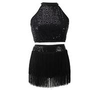 Valcatch Girls Women Sleeveless Halter Neck Sequins Tassel Fringe Dress Latin Jazz Salsa Tango Samba Rumba Dance Dress