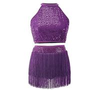 Valcatch Girls Women Sleeveless Halter Neck Sequins Tassel Fringe Dress Latin Jazz Salsa Tango Samba Rumba Dance Dress