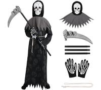 Valcatch Grim Reaper Costume for Boys Kids Halloween Costume Scary Ghost Phantom Outfits with Scythe Skull Head Mask Skeleton Gloves Cosplay Prop Fancy Dress Up Costumes