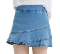 Valcatch Kids Girls Casual Denim Skirt Pleated Skirts with Elastic Waistband Blue Jeans Ruffle Hem Flared Tutu Mini Skirts Relaxed Straight Fit Skorts Spring Summer Outfits