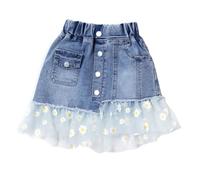 Valcatch Kids Girls Casual Denim Skirt Pleated Skirts with Elastic Waistband Blue Jeans Ruffle Hem Flared Tutu Mini Skirts Relaxed Straight Fit Skorts Spring Summer Outfits