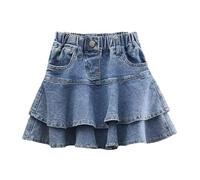 Valcatch Kids Girls Casual Denim Skirt Pleated Skirts with Elastic Waistband Blue Jeans Ruffle Hem Flared Tutu Mini Skirts Relaxed Straight Fit Skorts Spring Summer Outfits
