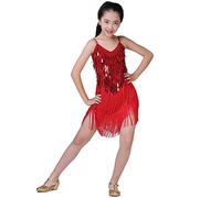 Valcatch Kids Girls Sequins Tassel Latin Dance Dress Sleeveless Fringe Flapper Dancing Dress Jazz Samba Rumba Dancewear for 5-14 Years Teens Red