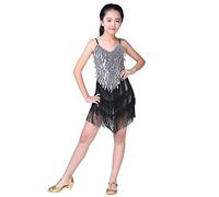 Valcatch Kids Girls Sequins Tassel Latin Dance Dress Sleeveless Fringe Flapper Dancing Dress Jazz Samba Rumba Dancewear for 5-14 Years Teens