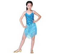 Valcatch Kids Girls Sequins Tassel Latin Dance Dress Sleeveless Fringe Flapper Dancing Dress Jazz Samba Rumba Dancewear for 5-14 Years Teens Light Blue