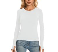 Valcatch Womens Thermal Base Layers Compression Tops Crew Neck Long Sleeve T Shirt with Thumb Holes for Ski Running Hiking Cycling White