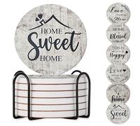 Valdivia 6 Pcs Ceramic Drink Coasters with Blessing Verses, White Marble Style Absorbent Stone Cork Base - 4 Inches Coasters & Metal Holder for Coffee Table, Home Decor Housewarming Gifts