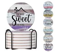 Valdivia 6 Pcs Ceramic Drink Coasters with Blessing Verses, Wooden Marble Style Absorbent Stone Cork Base - 4 Inches Coasters & Metal Holder for Coffee Table, Home Decor Housewarming Gifts