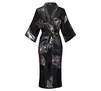 Valennia Women Long Silky Bathrobe Satin Kimono Robe Floral Printed Dressing Gown Sleepwear, Black and Feather, Large