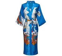 Valennia Women Long Silky Bathrobe Satin Kimono Robe Floral Printed Dressing Gown Sleepwear, Light Blue, Large