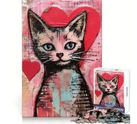 Valentine Cat with Hearts Painting Jigsaw Puzzles 1000 Pieces for Teenagers Sharp Recall Restful Pleasure Uniform Cut Ideal Xmas Gift (50x75cm)