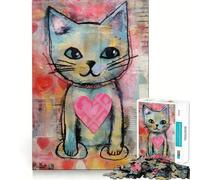 Valentine Cat with Loving Heart Mixed Media Jigsaw Puzzles 1000 Mental Focus Game Precision Cut Smooth Edges Meaningful Connection Building Game (50x75cm)