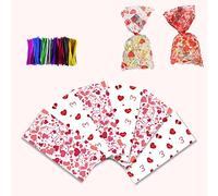 Valentine Cellophane Bags 100 PCS,Plastic Candy Cookie Bags,Clear Small Treat Clear Gift Loot Bags with Twist Ties for Valentines Day Birthday Holiday Party Supplies Bakery Biscuit Chocolate Snacks