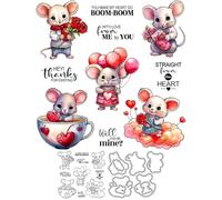 Valentine Day Mouse Stamps and Die Cuts for Card Making Balloon Rose Transparent Silicone Clear Stamp and Metal Cutting Dies Sets for DIY Scrapbooking Paper Crafting Seals Decorative Supplies