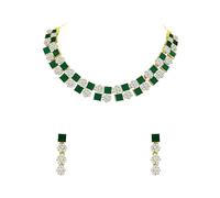 Valentine Day Special Glamorous Stylish Traditional Square & Floral Shape Design Gold Plated Austrian Diamond Choker Necklace With Earring Jewellery Set - Green