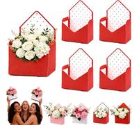 Valentine Envelope Boxes for Flowers, 4 Pack Sturdy Cardboard Floral Bouquet Gift Box, Foldable Romantic Envelope Shape Flower Basket for Wedding Anniversary Party Favors (Red) (4Pcs*B)