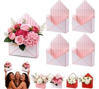 Valentine Envelope Boxes for Flowers, 4 Pack Sturdy Cardboard Floral Bouquet Gift Box, Foldable Romantic Envelope Shape Flower Basket for Wedding Anniversary Party Favors (Red) (4Pcs*D)