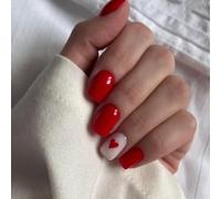 Valentine False Nails Short,White Red Short Square Press on Nails With Heart Desgin,Valentine'S Day Red Heart False Nai-ls with Glue,Acrylic Fake Na-ils,Stick on N-ails for Women Girls,Square Nail Art