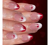Valentine French White Heart Press Install Nails Red Glittering Design Artificial Nails for Women Easy to Apply Comfort Valentine's Day on Nail Red Heart White Tips