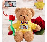 Valentine Gifts Personalised Teddy Bear with Photo and Text, Stuffed Animals Valentine Teddy Bear with Rose and Bow as Im sorry gifts for Her on Valentine/ Anniversary/ Birthday (8 IN-Hoodie Yellow)