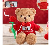 Valentine Gifts Personalised Teddy Bear with Photo and Text, Stuffed Animals Valentine Teddy Bear with Rose and Bow as Im sorry gifts for Her on Valentine/ Anniversary/ Birthday (12 IN-Hoodie-Red)