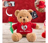 Valentine Gifts Personalised Teddy Bear with Photo and Text, Stuffed Animals Valentine Teddy Bear with Rose and Bow as Im sorry gifts for Her on Valentine/ Anniversary/ Birthday (12-IN-Hoodie Red)