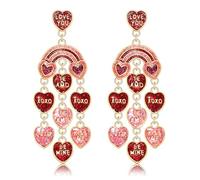 Valentine Heart Earrings Valentines XO XO Love Conversation Heart Earrings Glitter Layer Hearts Dangling Earrings Pink Cute Valentine’s Day Candy Heart Earrings Jewelry Accessories, L, Metal, No