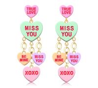 Valentine Heart Earrings Valentines XO XO Love Conversation Heart Earrings Glitter Layer Hearts Dangling Earrings Pink Cute Valentine’s Day Candy Heart Earrings Jewelry Accessories, L, Metal, No