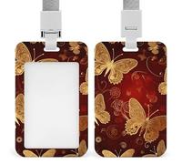 Valentine Hearts Golden Butterfly Id Badge Holder,Name Tag Holder with Detachable Lanyard,Waterproof Design Id Card Holder for Office, Workplace