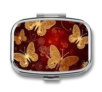 Valentine Hearts Golden Butterfly Pill Case with 2 Compartment, Pill Organizer Portable Square Pill Box,Vitamin Pill Organizer for Pocket Purse and Travel
