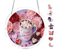 Valentine Inspired Hot Cocoa with Floral Design Round Acrylic Puzzle 7.8x7.8inch Hanging Wall Decor Romantic Home Decoration Mindful Hobby Indoor Leisure Activity Adult Puzzle Tabletop Art