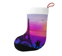 Valentine Paris Eiffel Tower Romantic Couple Carriage Sunset Christmas Stocking 17.7", Festive Hanging Sock for Fireplace Mantel, Holiday Decorations