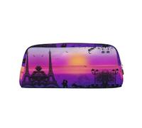 Valentine Paris Eiffel Tower Romantic Couple Carriage Sunset Cute Leather Pencil Case With Smooth Zipper,Stylish Durable Pouch For School,Office,Travel-Lightweight Full Print Stationery Holder